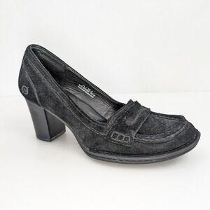Born Black Suede Loafer Heels Size 7.5 Block Chunky Penny Pumps Dark Academia